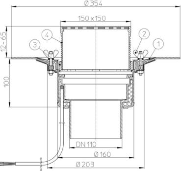 Dachablauf DN125 mit Klemmelement und Heizung (10-30W/230V). Begehbar - 148x148mm / 137x137mm  HL62.1B/2